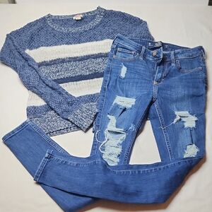 Bundle XS Mossimo Supply Co. Blue Knit Striped Sweater 24x29 0R Hollister Jeans